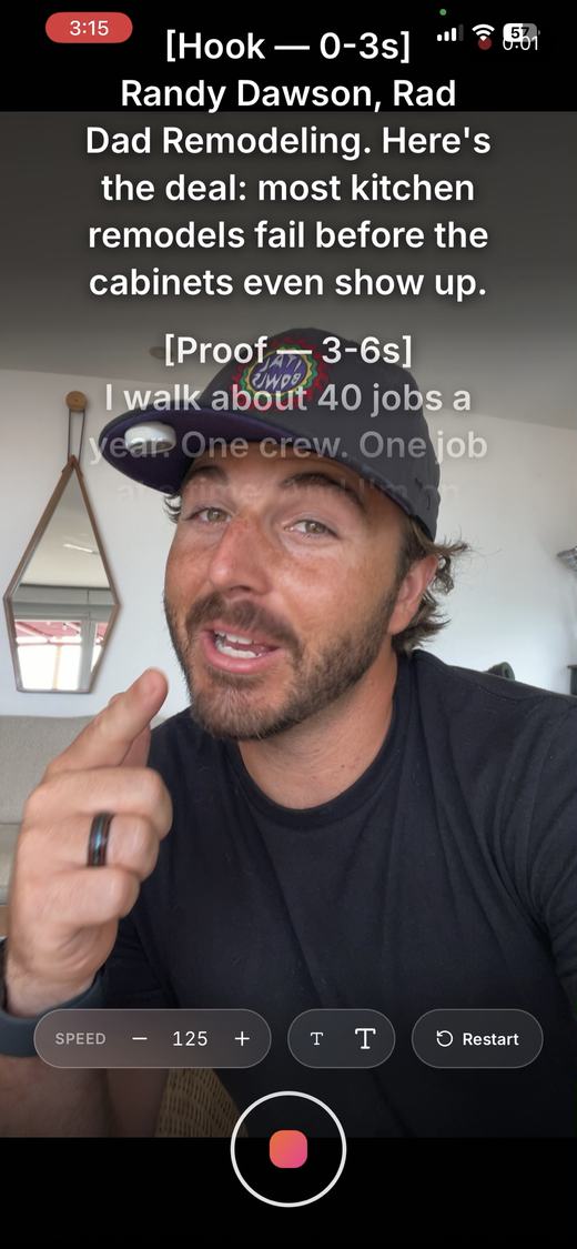 The app's teleprompter scrolling a script over the camera while recording