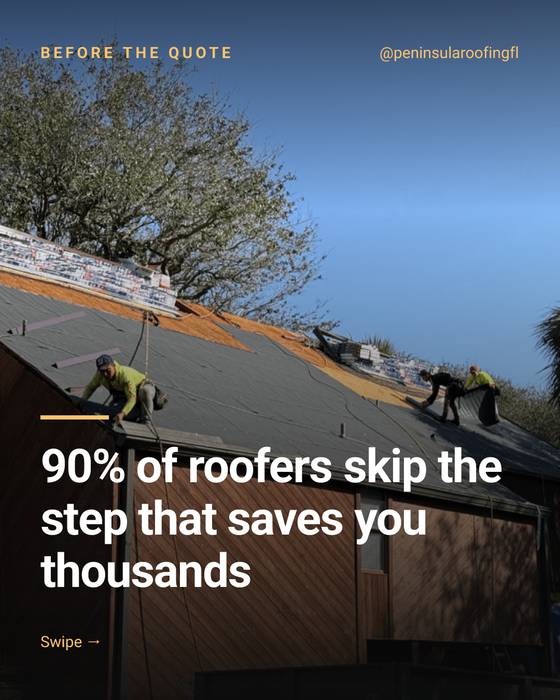 Slide 1 of 8: a slide from a Peninsula Roofing carousel about inspecting the attic before quoting