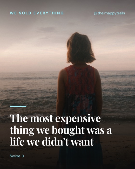 Slide 1 of 10: a slide from a Their Happy Trails carousel about selling everything for a life on the road